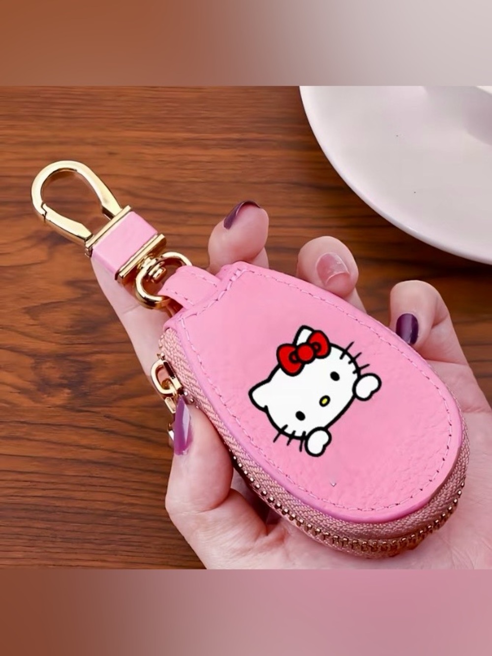 Hello Kitty Pink Vegan Leather Coin Key Fob Pouch with Gold Swivel Style Clip